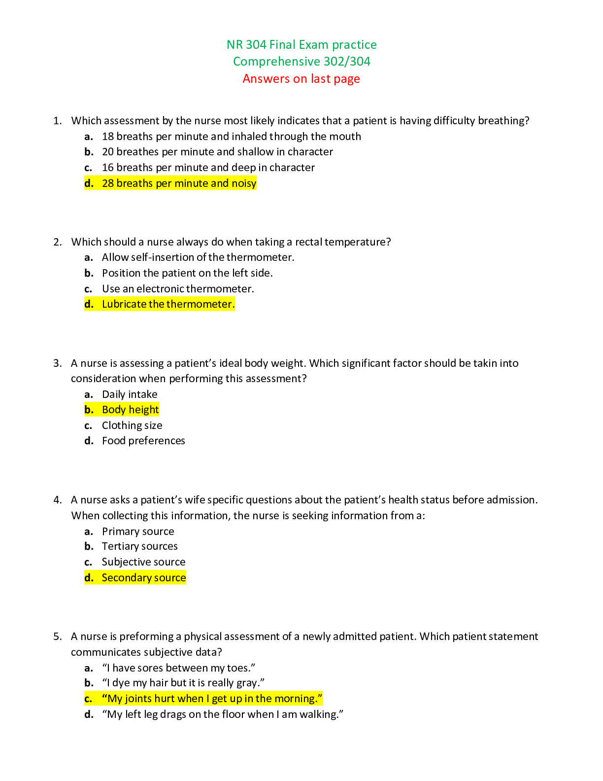 Preview image of NR 304 Final Exam Practice Comprehensive Questions And Answers document